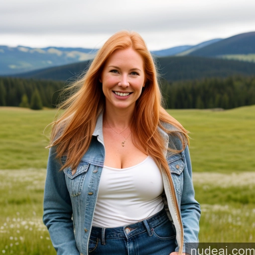 ai nude image of smiling woman in a field of grass with mountains in the background pics of One Perfect Boobs 40s Happy Long Hair Fairer Skin Ginger Swedish Front View Model Jeans Meadow Jacket