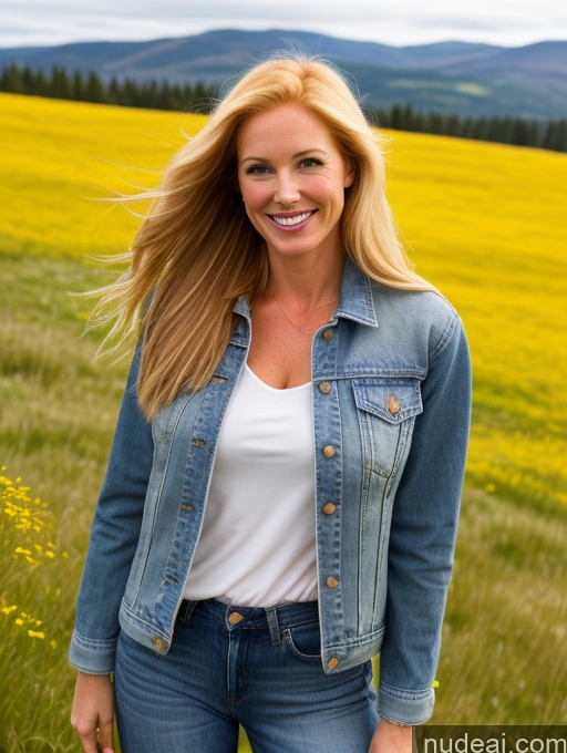 ai nude image of blonde woman in a field of yellow flowers smiling pics of One Perfect Boobs 40s Happy Long Hair Fairer Skin Front View Model Jeans Meadow Jacket Blonde Irish Western Shirt