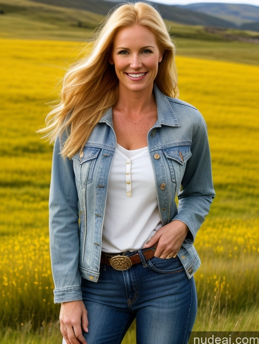 ai nude image of arafed woman in a white shirt and jeans standing in a field pics of One Perfect Boobs 40s Happy Long Hair Fairer Skin Front View Model Jeans Meadow Jacket Blonde Irish Western Shirt