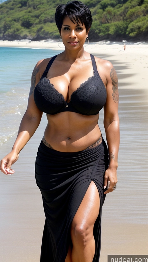 ai nude image of araffe woman in a black bikini walking on the beach pics of Milf Busty Huge Boobs Beautiful Tattoos Muscular Big Ass Abs Thick Big Hips Tall Dark Skin 50s Seductive Black Hair Pixie Indian Beach Front View T-pose Bra Long Skirt Detailed Sexy Face