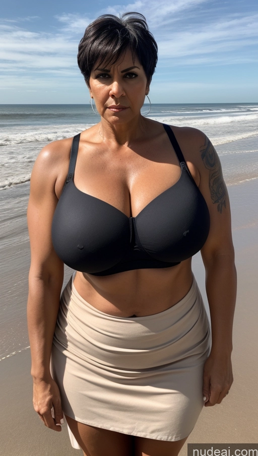 ai nude image of arafed woman in a black bra top and tan skirt on the beach pics of Milf Busty Huge Boobs Beautiful Tattoos Muscular Big Ass Abs Thick Big Hips Tall Dark Skin 50s Black Hair Pixie Indian Beach Front View T-pose Bra Long Skirt Detailed Sexy Face Angry