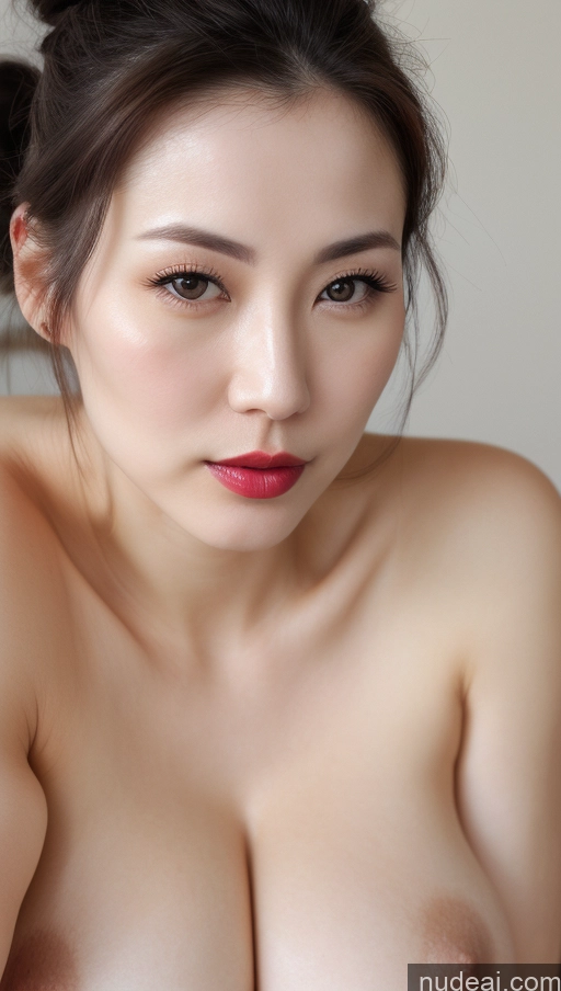 ai nude image of arafed asian woman with a very big breast posing for a picture pics of Woman One Beautiful Lipstick Fairer Skin Simple Detailed Huge Boobs 30s Close-up View Korean Hair Bun Black Hair