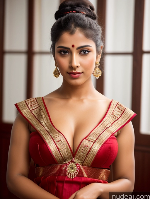 ai nude image of arafed woman in a red dress with a gold and red blouse pics of Front View Traditional Indian Hair Bun Seductive