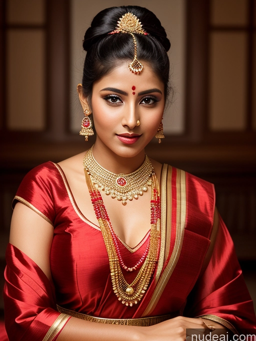 ai nude image of arafed woman in a red dress with a gold necklace and earrings pics of Indian Hair Bun Seductive Front View Traditional