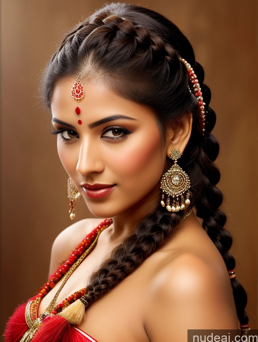 ai nude image of arafed woman with a red dress and a red necklace and earrings pics of Indian Seductive Traditional Braided Front View