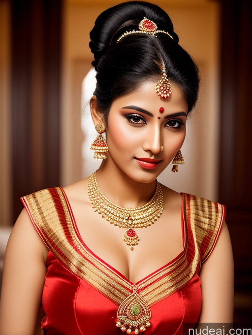 ai nude image of arafed woman in a red dress with a gold necklace and earrings pics of Indian Seductive Traditional Front View Hair Bun