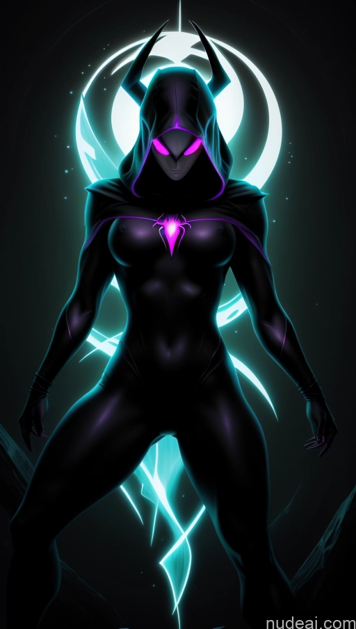 ai nude image of a close up of a person in a black suit with a glowing purple light pics of Several Perfect Boobs Muscular Abs Spider-Gwen Cultist Hood Powering Up Surrealist Bodybuilder Dynamic View