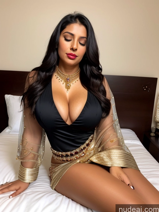 ai nude image of araffe woman in a black dress sitting on a bed pics of Cleavage Transparent Partially Nude One Busty Big Ass Lipstick 40s Seductive Black Hair Long Hair Indian Bedroom Front View Sleeping Traditional Diamond Jewelry Gold Jewelry Jewelry Pearl Jewelry Detailed Blouse High Heels Salwar