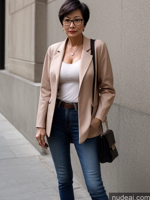 ai nude image of arafed woman in a tan blazer and jeans standing on a sidewalk pics of Milf Perfect Boobs Beautiful Glasses Perfect Body 60s Sexy Face Short Hair Chinese Blouse Bra Casual Stylish Detailed Jacket Jeans Secretary Professor Suit Nude Dark Lighting Cleavage