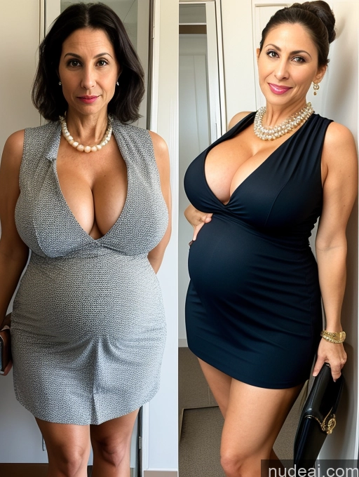 ai nude image of there are two women in dresses that are both wearing pearls pics of Huge Boobs Short Skinny Pregnant 50s Shocked Black Hair Hair Bun Jewish Flight Attendant Pearl Jewelry Milf Dress