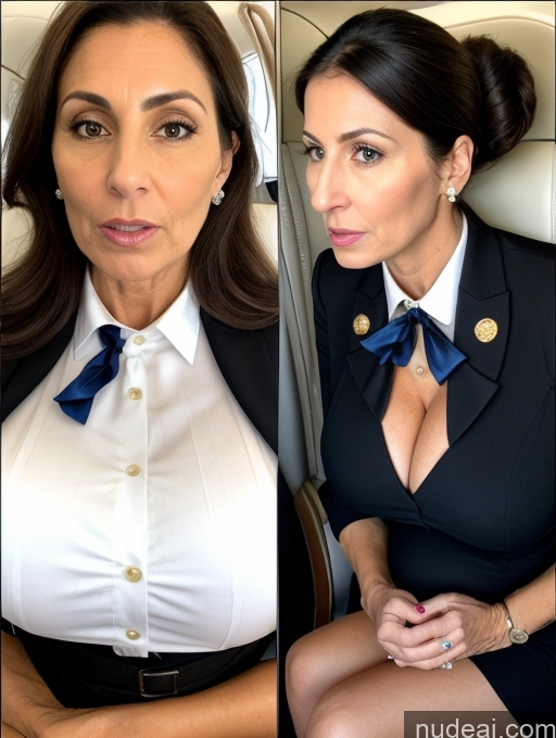 ai nude image of arafed woman in a black suit and a white shirt and a woman in a blue bow tie pics of Huge Boobs Short Skinny Pregnant Shocked Black Hair Hair Bun Jewish Flight Attendant Pearl Jewelry Milf Dress 60s