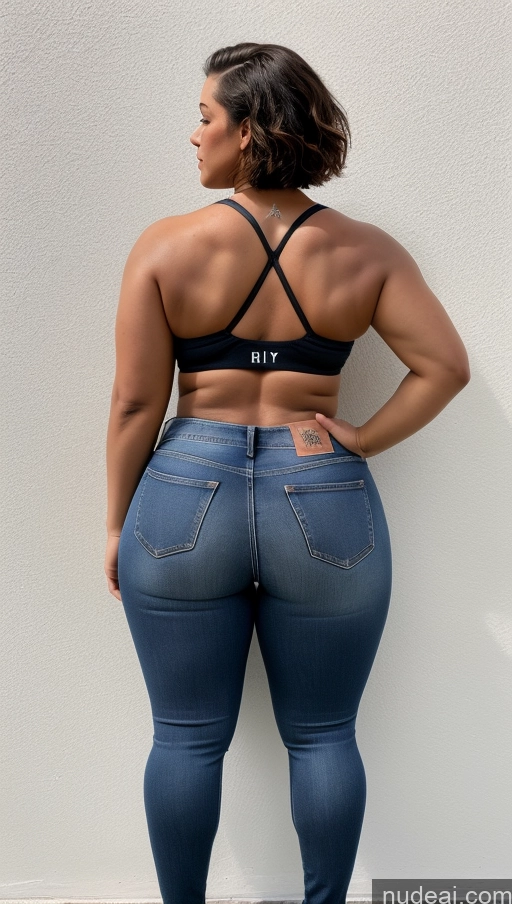 ai nude image of a woman in a black bra top and jeans standing against a wall pics of Big Ass Big Hips Athlete Jeans Bobcut