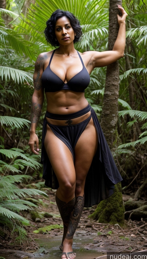 ai nude image of arafed woman in a bikini and black skirt walking through a jungle pics of Milf Busty Perfect Boobs Beautiful Tattoos Big Ass Abs Muscular Big Hips Tall Dark Skin Perfect Body 40s Sexy Face Black Hair Pixie Indian Jungle Front View T-pose Bra Long Skirt Witch Serious