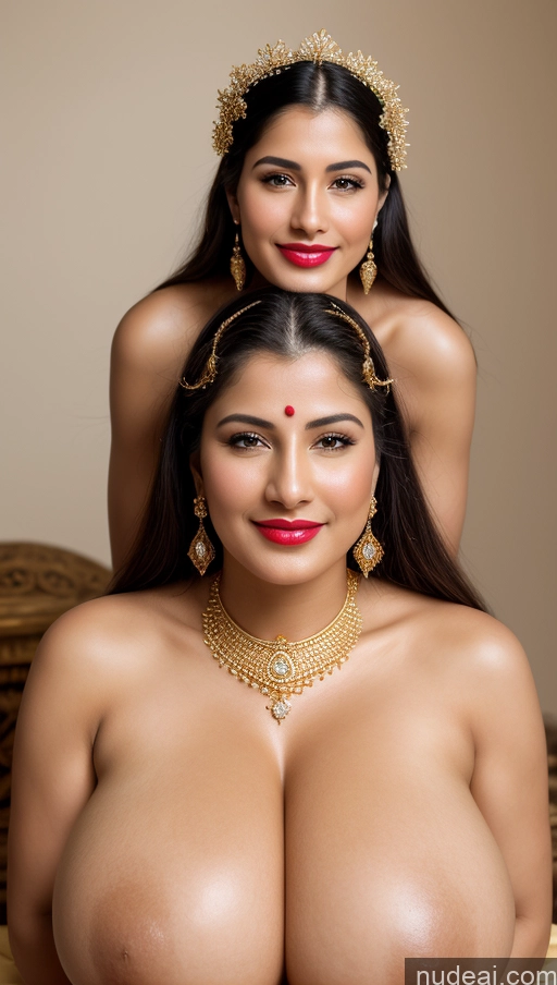 ai nude image of two women with big breasts posing for a picture in a room pics of Woman Perfect Boobs Huge Boobs Beautiful Lipstick Big Ass Fairer Skin 50s Sexy Face Happy Black Hair Long Hair Indian Skin Detail (beta) Front View Nude Traditional Jewelry Gold Jewelry Bright Lighting Simple