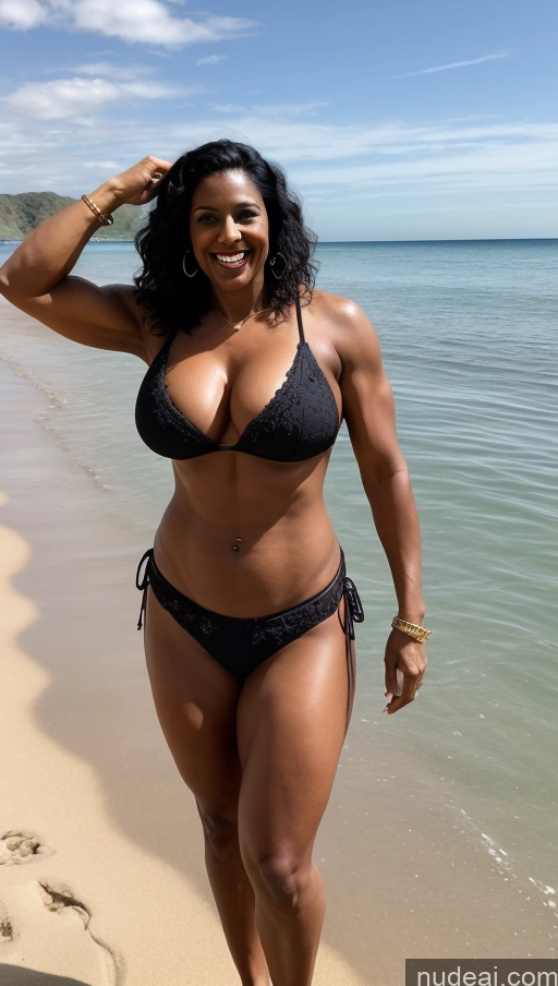 ai nude image of araffe woman in a bikini walking on the beach pics of Milf Busty Perfect Boobs Beautiful Tattoos Muscular Big Ass Abs Big Hips Tall Dark Skin 40s Laughing Black Hair Pixie Indian Beach Front View T-pose Bikini Long Skirt Detailed Sexy Face Chubby