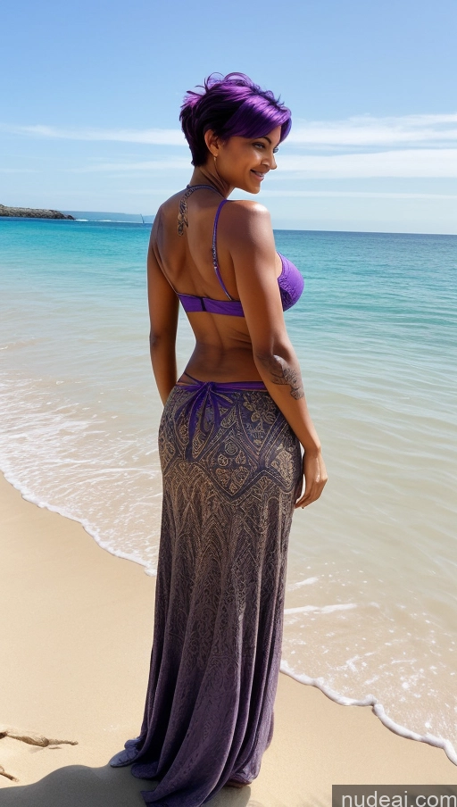 ai nude image of araffe woman in a purple dress standing on a beach pics of Milf Busty Beautiful Tattoos Big Ass Big Hips Tall Dark Skin 40s Indian Beach Front View T-pose Bikini Detailed Sexy Face Long Skirt Laughing Pixie Perfect Body Abs Perfect Boobs Purple Hair