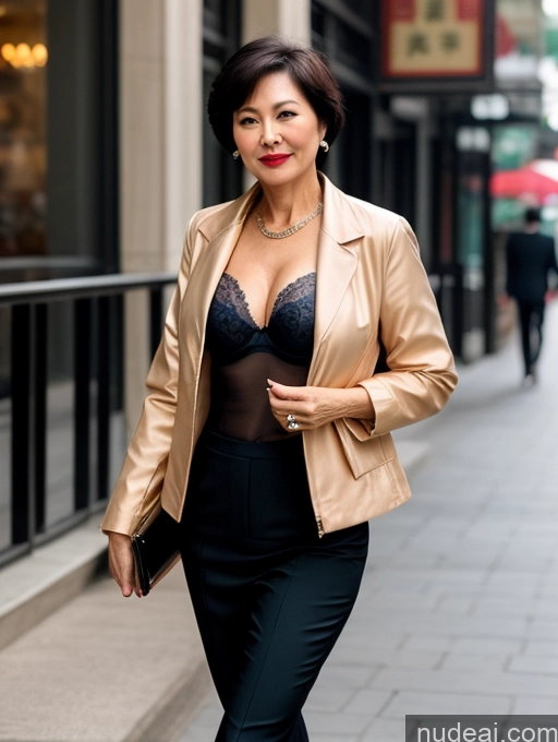 ai nude image of woman in black and gold outfit walking down a sidewalk pics of Milf Perfect Boobs Perfect Body Beautiful Lipstick 60s Sexy Face Short Hair Chinese Bra Jacket Suit Stylish Professor Secretary Dark Lighting Detailed