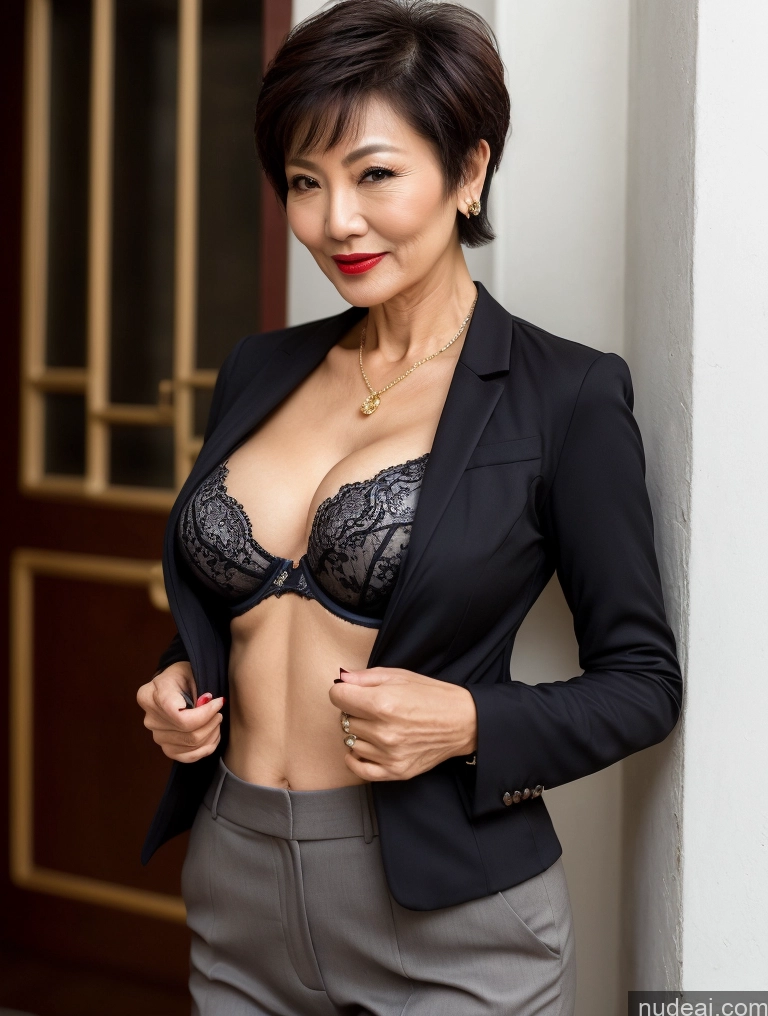 ai nude image of there is a woman in a black jacket and grey pants posing pics of Milf Perfect Boobs Perfect Body Beautiful Lipstick 60s Sexy Face Short Hair Chinese Bra Jacket Suit Stylish Professor Secretary Dark Lighting Detailed