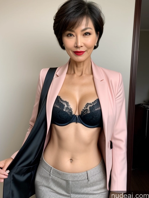 ai nude image of there is a woman in a pink jacket and grey pants posing for a picture pics of Milf Perfect Boobs Perfect Body Beautiful Lipstick 60s Sexy Face Short Hair Chinese Bra Jacket Suit Stylish Professor Secretary Dark Lighting Detailed