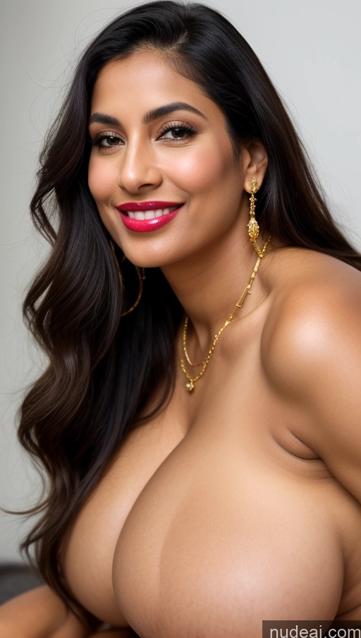 ai nude image of araffed woman with big breast posing for a picture pics of Woman Busty Huge Boobs Beautiful Lipstick Big Ass Perfect Body Fairer Skin 50s Sexy Face Happy Black Hair Long Hair Indian Skin Detail (beta) Nude Traditional Jewelry Gold Jewelry Bright Lighting Simple Close-up View