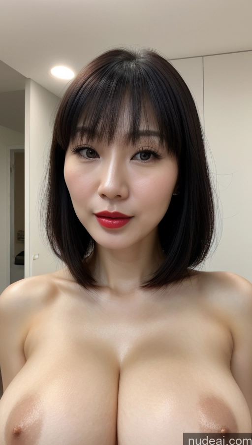 ai nude image of arafed asian woman with big tits posing for a picture pics of Woman Huge Boobs Beautiful Lipstick Fairer Skin 30s Black Hair Simple Detailed One Close-up View Chinese Bangs