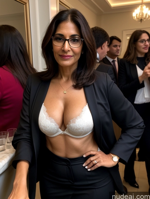 ai nude image of woman in black suit and glasses posing for a picture in a room pics of Milf Perfect Boobs Beautiful Glasses Perfect Body Pixie Party Blouse Bra Jacket Professor Secretary Stylish Suit Cleavage Partially Nude Dark Lighting Detailed 60s Arabic Dark Skin