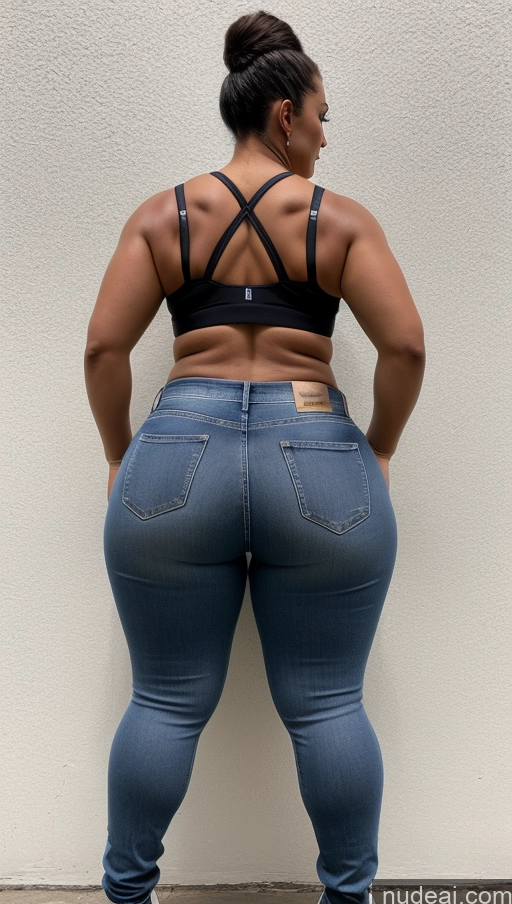 ai nude image of araffe woman in jeans and a bra top standing against a wall pics of Big Hips Big Ass Athlete Jeans Slicked