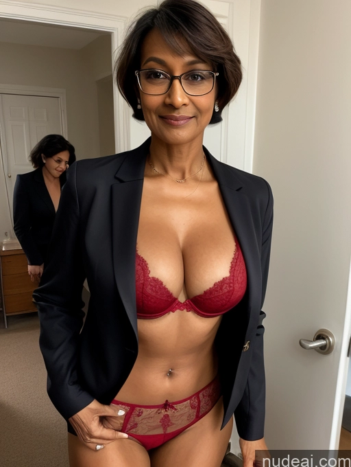 ai nude image of there is a woman in a red bra and black jacket pics of Milf Perfect Boobs Beautiful Glasses Perfect Body Pixie Party Blouse Bra Jacket Professor Secretary Stylish Suit Cleavage Partially Nude Dark Lighting Detailed 60s Dark Skin Indian