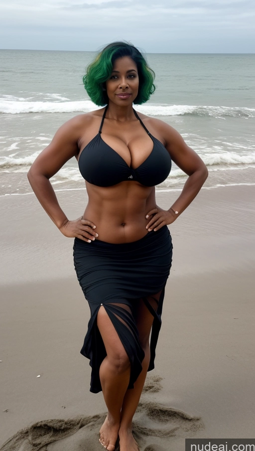 ai nude image of woman in black bikini and green hair standing on beach next to ocean pics of Milf Busty Huge Boobs Beautiful Big Ass Abs Big Hips Tall Perfect Body Dark Skin 50s Pixie Indian Beach Front View T-pose Bikini Long Skirt Detailed Sexy Face Dark Lighting Green Hair