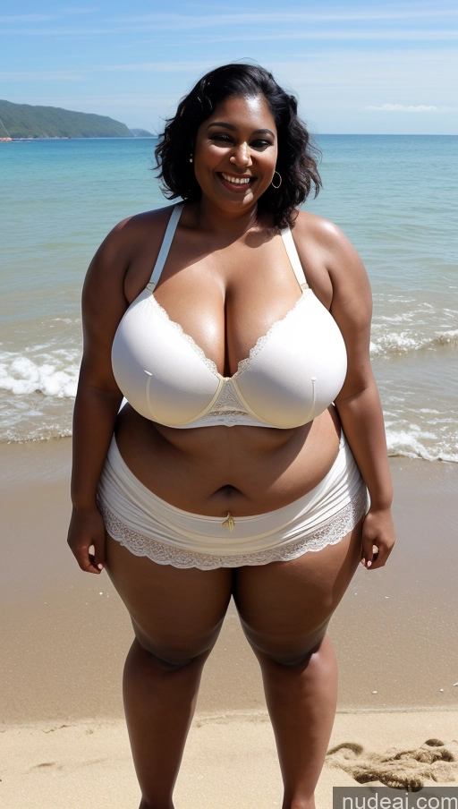 ai nude image of araffe woman in white bikini posing on beach with ocean in background pics of Milf Busty Beautiful Big Ass Big Hips Tall Dark Skin 50s Pixie Indian Beach Front View T-pose Detailed Sexy Face Bra Black Hair Laughing Thick Huge Boobs Long Skirt Chubby