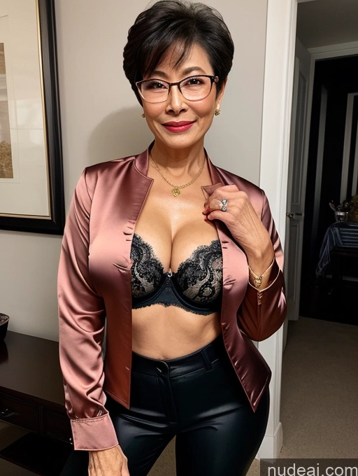 ai nude image of there is a woman in a bra top and leather pants posing for a picture pics of Milf Perfect Boobs Beautiful Glasses Perfect Body 70s Pixie Chinese Party Blouse Bra Jacket Stylish Suit Cleavage Dark Lighting Detailed