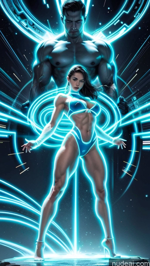 ai nude image of a woman in a bikini standing next to a man in a blue suit pics of Bodybuilder Several Busty Muscular Abs Surrealist Superhero Israel Powering Up Neon Lights Clothes: Blue