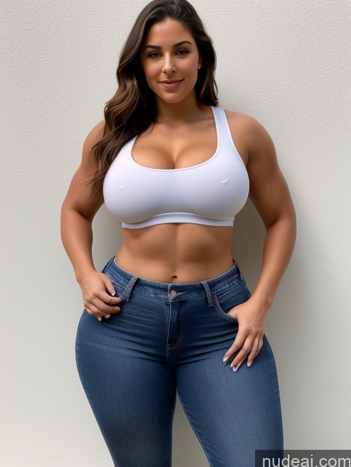 ai nude image of arafed woman in a white bra top and jeans posing for a picture pics of Athlete Perfect Boobs Big Hips Perfect Body Big Ass Jeans