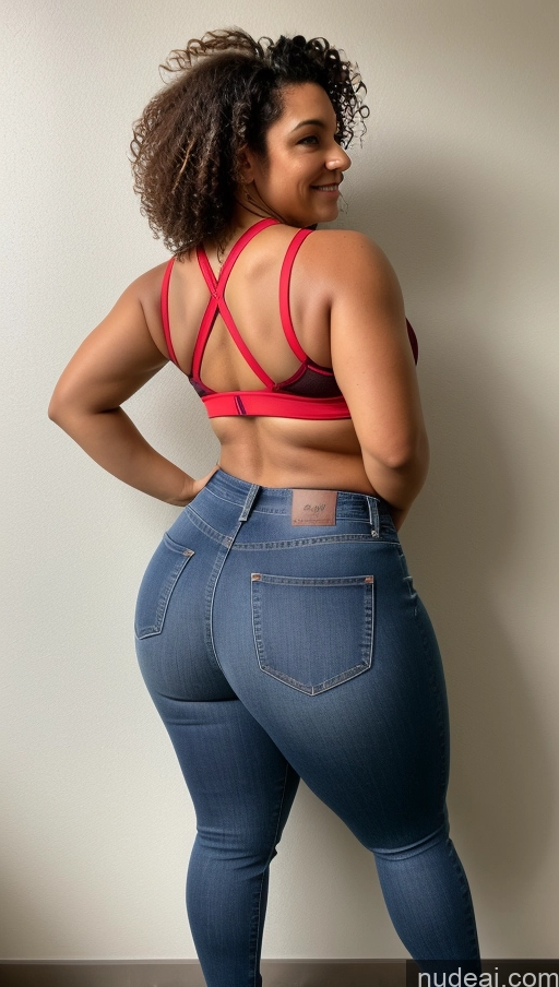 ai nude image of araffe woman in a red bra top and jeans posing for a picture pics of Athlete Big Hips Big Ass Jeans Curly Hair