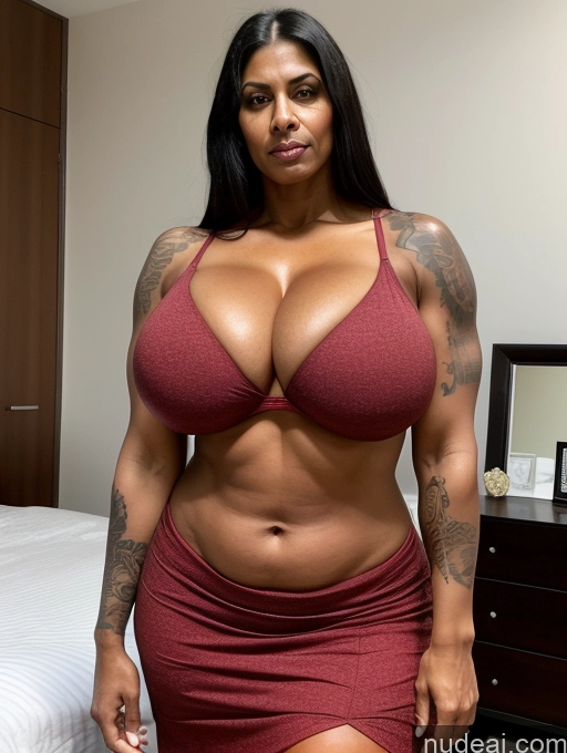 ai nude image of arafed woman in a red dress posing for a picture pics of Milf Busty Huge Boobs Beautiful Tattoos Muscular Big Ass Abs Big Hips Tall Perfect Body Long Hair Dark Skin Angry Black Hair Indian Bedroom Front View T-pose Long Skirt Sexy Face 60s