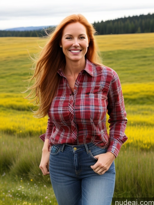 ai nude image of arafed woman in a plaid shirt and jeans standing in a field pics of Model One Perfect Boobs 40s Happy Ginger Long Hair Swedish Meadow Front View Jeans Lumberjack Shirt