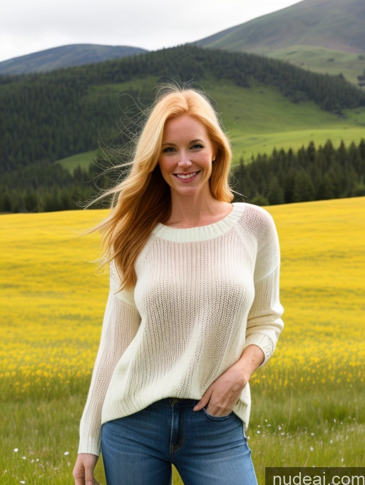 ai nude image of blonde woman in a white sweater and jeans standing in a field of flowers pics of Model One Perfect Boobs 40s Happy Long Hair Meadow Front View Jeans Fairer Skin Blonde Irish Sweater