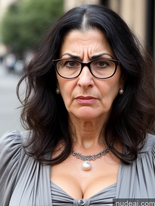 ai nude image of there is a woman with glasses and a necklace on a street pics of Milf Glasses Busty Short Skinny Pregnant 50s Shocked Jewish Front View Dress Victorian Pearl Jewelry Serious Black Hair Long Hair Angry Casual