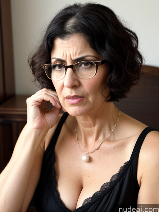 ai nude image of there is a woman with glasses sitting on a bed talking on a cell phone pics of Milf Glasses Busty Short Skinny Pregnant 50s Shocked Jewish Front View Dress Victorian Pearl Jewelry Serious Black Hair Angry Casual Short Hair