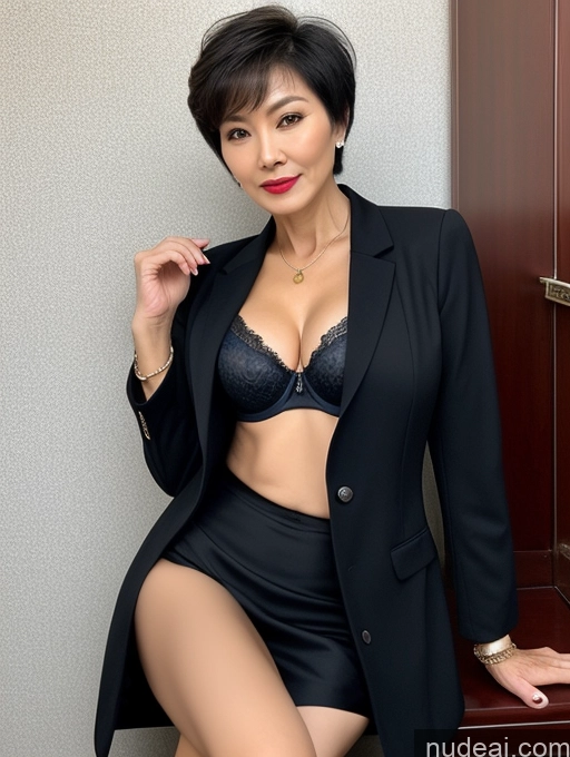 ai nude image of there is a woman in a black suit posing for a picture pics of Milf Perfect Boobs Beautiful Lipstick Perfect Body Short Hair 60s Chinese Bra Jacket Professor Secretary Stylish Suit Dark Lighting Detailed Sexy Face