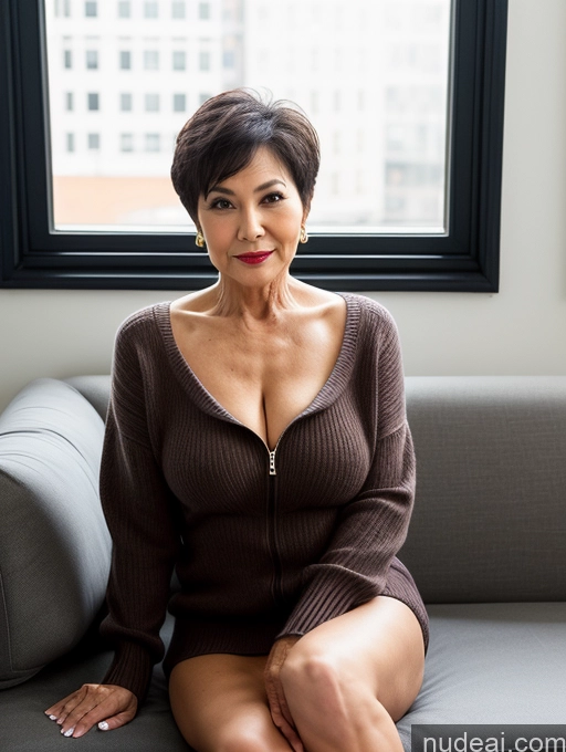 ai nude image of there is a woman sitting on a couch with a brown sweater pics of Milf Perfect Boobs Lipstick Pubic Hair Couch Sexy Face Short Hair Beautiful Sweater Stylish Professor Secretary Topless Dark Lighting Detailed Vietnamese Perfect Body 70s