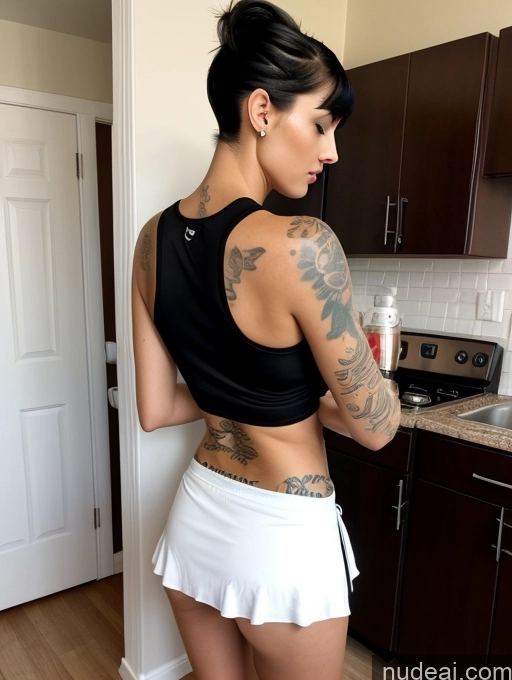 ai nude image of arafed woman with tattoos and a skirt in a kitchen pics of Model Skinny Small Tits Tattoos Long Legs 20s Sexy Face Black Hair Pixie White Mirror Selfie Kitchen Back View Cumshot Tennis Cleavage