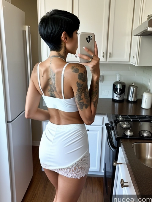 ai nude image of there is a woman taking a picture of herself in the kitchen pics of Skinny Small Tits Tattoos Long Legs 20s Sexy Face Black Hair Pixie White Mirror Selfie Kitchen Back View Cumshot Tennis Cleavage Milf