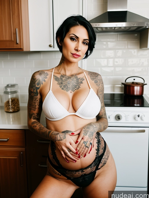 ai nude image of tattooed woman in white bra top posing in kitchen with stove pics of Skinny Small Tits Tattoos Long Legs 20s Sexy Face Black Hair Pixie White Kitchen Cleavage Milf Dominatrix Pregnant