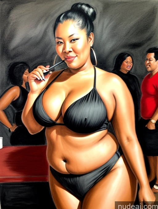 ai nude image of painting of a woman in a bikini with a knife in her mouth pics of Milf Hair Bun Asian Dark Skin 30s Black Hair Fat Big Hips Big Ass Bikini Party Charcoal