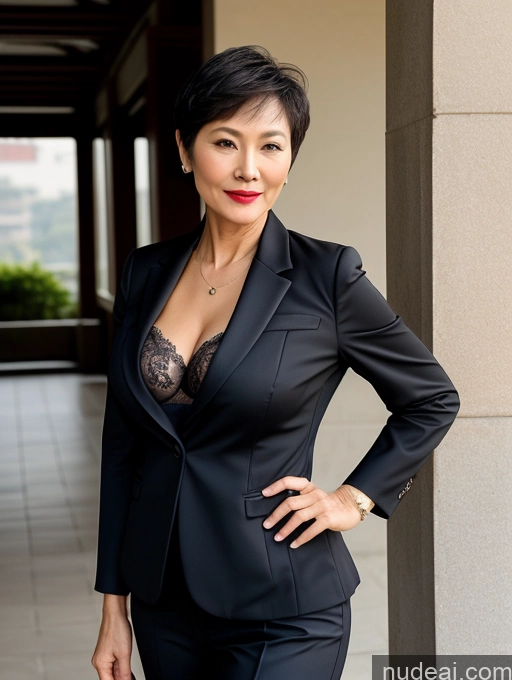 ai nude image of there is a woman in a black suit posing for a picture pics of Milf Perfect Boobs Beautiful Lipstick Perfect Body Short Hair 60s Chinese Bra Jacket Professor Secretary Stylish Suit Dark Lighting Detailed Sexy Face