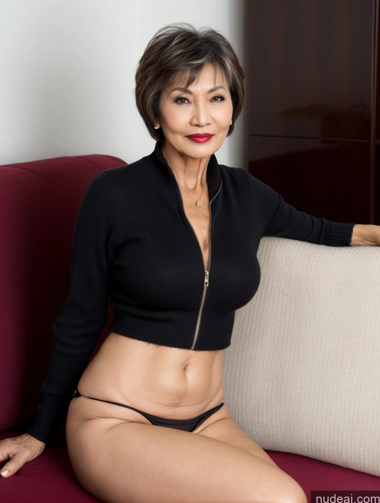 ai nude image of arafed woman sitting on a couch with a black top and a black bra pics of Milf Perfect Boobs Beautiful Lipstick Perfect Body Pubic Hair Short Hair 70s Vietnamese Couch Professor Secretary Stylish Sweater Topless Dark Lighting Detailed Sexy Face