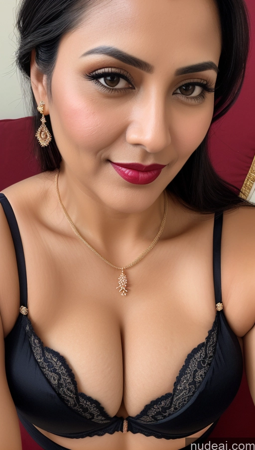 related ai porn images free for Woman One Lipstick Black Hair Slicked Indian Simple Detailed Busty Close-up View Bra Traditional Perfect Boobs 40s Stylish Cleavage