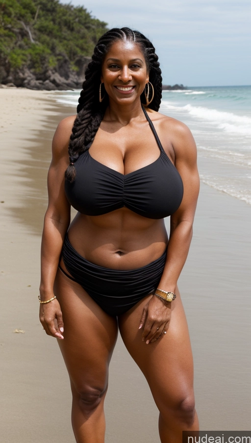 ai nude image of arafed woman in a black bikini standing on a beach pics of Milf Busty Huge Boobs Beautiful Tattoos Muscular Big Ass Abs Thick Big Hips Tall Dark Skin 50s Indian Beach Front View T-pose Bikini Dark Lighting Sexy Face Long Skirt Black Hair Laughing Braided