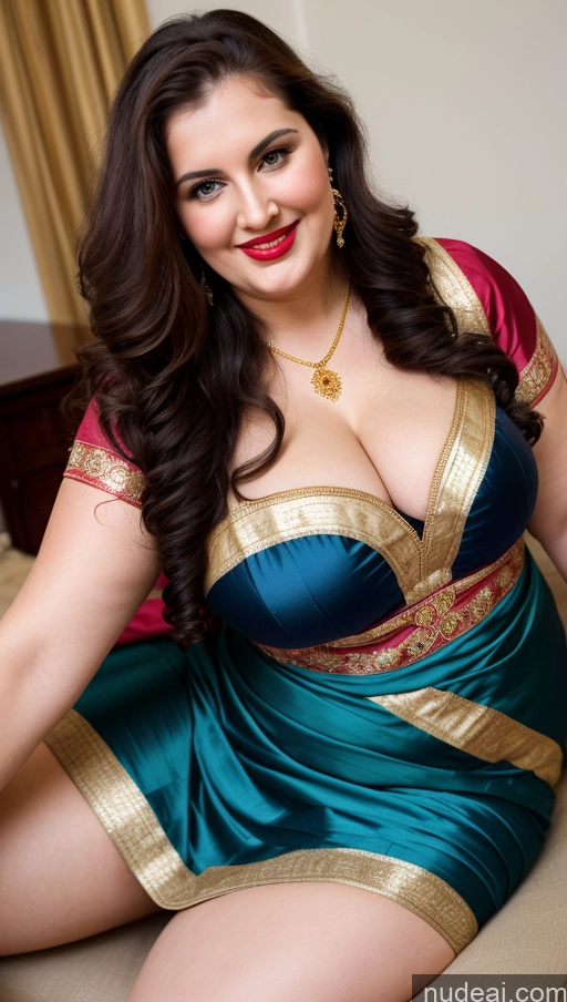 ai nude image of araffe woman in a blue and gold dress sitting on a couch pics of Milf Busty Beautiful Lipstick Thick Chubby Fat Big Hips Fairer Skin 20s Happy Seductive Brunette Long Hair Russian Party Front View Straddling Sari Blouse Dirndl Victorian Cleavage Gold Jewelry